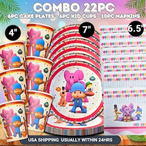 May include: A 22-piece party supply set featuring Pocoyo characters, including six 4-inch cups, six 7-inch plates, and ten 6.5-inch napkins. The items display colorful illustrations of Pocoyo, Elly the pink elephant, and Pato the duck.