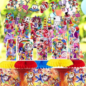 May include: A colorful party decoration set featuring cartoon characters and honeycomb centerpieces. The set includes various cardstock cutouts of whimsical figures, a banner, and red, yellow, and blue honeycomb decorations, perfect for a festive celebration.