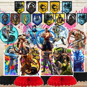 May include: A collection of colorful Mortal Kombat themed party decorations. The image features character cutouts, pennant banners, and red and black honeycomb decorations. The characters are set against a vibrant, graffiti-style background.