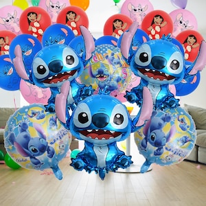 May include: A collection of colorful balloons, including several large, blue, Stitch-shaped foil balloons. Other balloons feature Stitch and Lilo & Stitch characters. The balloons are suitable for a birthday party or other celebration.