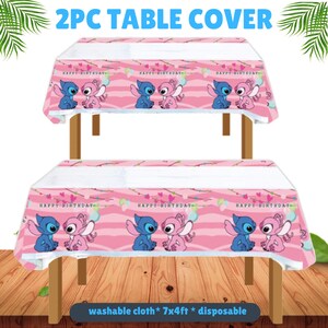 May include: Two pink table covers with a repeating pattern of blue and pink cartoon characters, with the text "HAPPY BIRTHDAY". The table covers are 7 feet by 4 feet and are disposable.