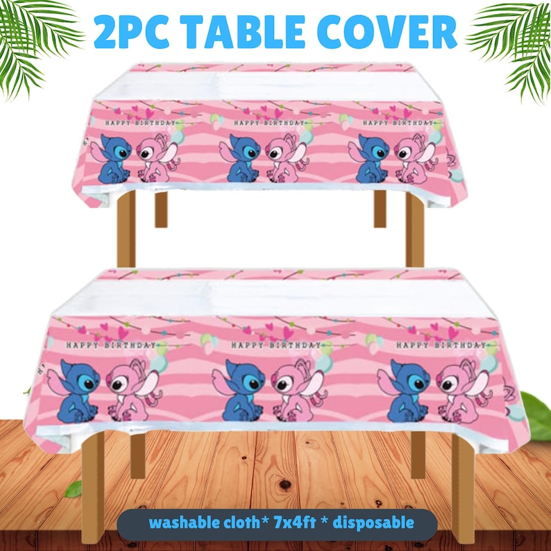 May include: Two pink table covers with a repeating pattern of blue and pink cartoon characters, with the text "HAPPY BIRTHDAY". The table covers are 7 feet by 4 feet and are disposable.