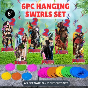 May include: A set of six hanging swirl decorations with character cutouts. The set includes six 3-foot swirls and six 6-inch cutouts. The cutouts feature various characters. The text "6PC HANGING SWIRLS SET" is displayed at the top.