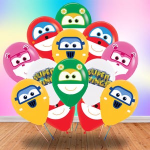 May include: A collection of colorful balloons featuring cartoon character faces. The balloons are in various colors, including red, yellow, green, and pink. Each balloon has a smiling face and is attached to a blue stick.