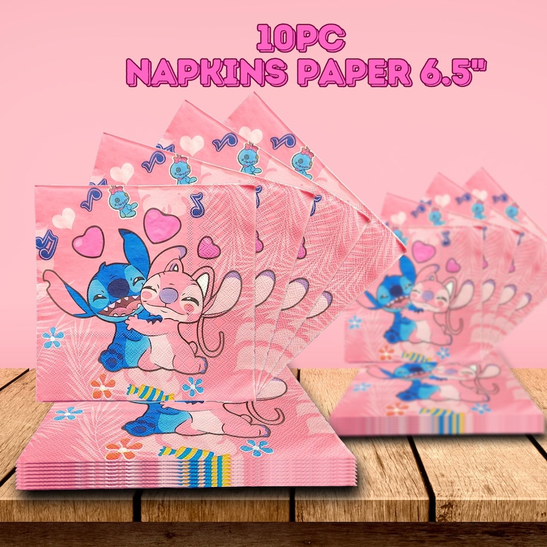 May include: Pink paper napkins featuring a cartoon character design. The napkins are decorated with hearts, musical notes, and images of the characters. The text "10PC NAPKINS PAPER 6.5"" is printed at the top. The napkins are stacked on a wooden surface.