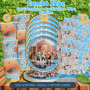 May include: A 22-piece party set featuring cake plates, kid cups, and napkins. The plates are 7 inches in diameter, the cups are 4 inches tall, and the napkins are 6.5 inches. The set has a blue and white theme with cartoon characters.