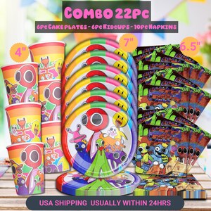 May include: A 22-piece party set featuring colorful Rainbow Friends characters. Includes 6 cake plates (7" diameter), 6 kid cups (4" tall), and 10 napkins (6.5" x 6.5"). The set is designed with a vibrant, cartoonish aesthetic, perfect for a themed party.