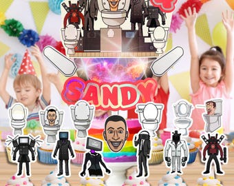 May include: A birthday cake and cupcakes with cartoon character decorations. The cake has a rainbow frosting and the name "Sandy". The cupcakes have blue and pink frosting. The number "4" is on top of the cake.