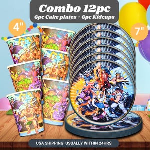 May include: A combo set of 12-piece party supplies, including 6 cake plates (7 inches) and 6 kid cups (4 inches). The plates and cups feature a colorful action-themed design. The text "Combo 12pc" and "6pc Cake plates - 6pc Kidcups" are visible.