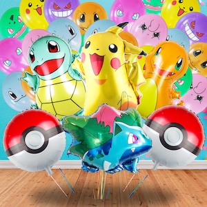 May include: A collection of colorful foil balloons featuring popular cartoon characters. The balloons include Pikachu, Squirtle, Charmander, and others, along with red and white Poké Ball balloons. The balloons are arranged against a background of other character-themed balloons.