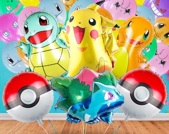 May include: A collection of colorful foil balloons featuring popular cartoon characters. The balloons include Pikachu, Squirtle, Charmander, and others, along with red and white Poké Ball balloons. The balloons are arranged against a background of other character-themed balloons.