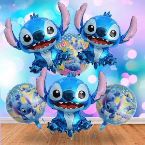 May include: Several blue foil balloons shaped like the character Stitch, with large ears and a wide grin. Additional round balloons feature Stitch and star patterns. The balloons are arranged on a wooden surface against a colorful background.