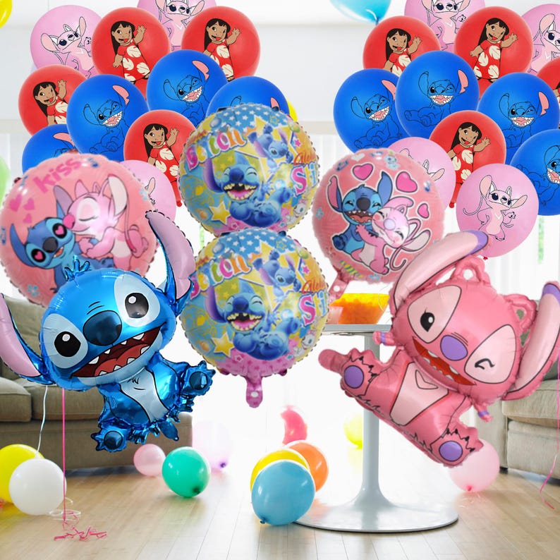 Puede incluir: Un conjunto de globos coloridos con personajes de la pel&iacute;cula animada Lilo & Stitch. Los globos incluyen globos redondos azules, rosas y rojos, junto con globos de aluminio con forma de Stitch y Angel. Perfecto para una fiesta de cumplea&ntilde;os o evento tem&aacute;tico.