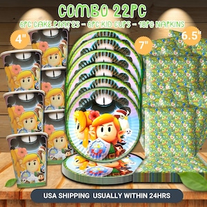 May include: A 22-piece party set featuring cake plates, kid cups, and napkins. The plates are 7 inches in diameter, the cups are 4 inches tall, and the napkins are 6.5 inches. The set has a cartoon theme with a character design.