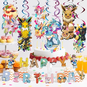 May include: A festive birthday party scene featuring a white cake adorned with strawberries and candles, surrounded by colorful Pokemon-themed decorations. Includes hanging swirls and character cutouts spelling "Happy Birthday".