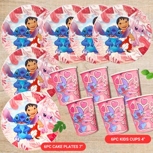 May include: A set of party supplies featuring characters from a popular animated film. The set includes six 7-inch cake plates and six 4-inch kids cups. The plates and cups are decorated with colorful images of the characters.