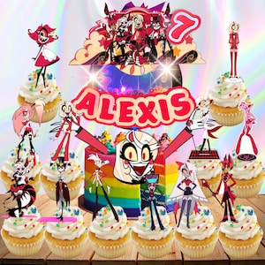 May include: A birthday cake and cupcakes decorated with cartoon character figurines. The cake is rainbow-colored with the name "Alexis" in red. Cupcakes are topped with white frosting and colorful sprinkles.