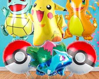 May include: A collection of colorful foil balloons featuring popular cartoon characters, including Pikachu, Squirtle, Charmander, and Bulbasaur. Also included are two red and white Poké Ball balloons, perfect for a themed party or celebration.