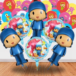May include: A collection of colorful balloons featuring cartoon characters. The balloons include foil character balloons and round balloons with various cartoon images. The balloons are in shades of blue, red, yellow, and pink, perfect for a children's party.