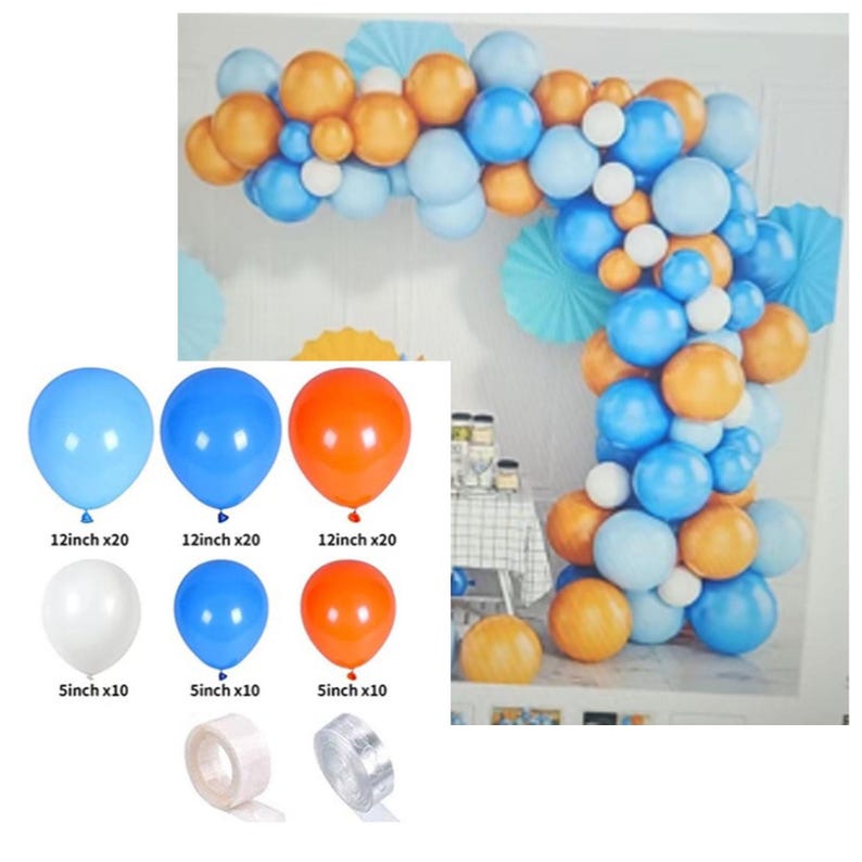 May include: A balloon arch kit featuring blue, orange, and white balloons in various sizes. The kit includes 12-inch and 5-inch balloons, plus balloon tape. The arch is decorated with paper fans, ideal for a party or celebration.