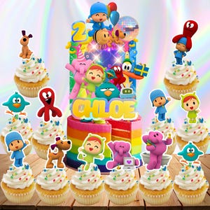 May include: A set of cake and cupcake toppers featuring Pocoyo characters including Elly, Pato, and Loula, with a large central cake topper displaying the name Chloe and the number 2, all decorated with colorful cartoon graphics and patterns.