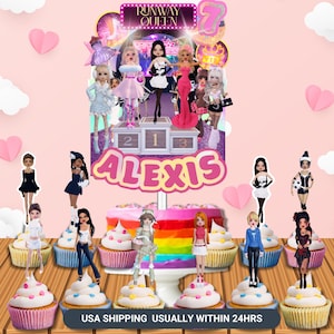 May include: A cake topper featuring miniature fashion dolls, a rainbow cake, and cupcakes. The topper reads "Runway Queen" and "Alexis". The dolls are dressed in various outfits, and the cupcakes have white frosting and blue and yellow sprinkles.