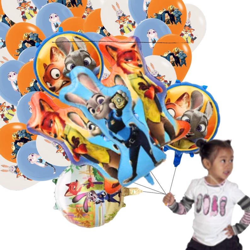 May include: A selection of Zootropolis-themed balloons in various shapes and colours. The balloons feature images of Judy Hopps, Nick Wilde, and other characters from the animated film. Some balloons are round, others are shaped like the characters.