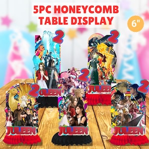 May include: Five-piece honeycomb table display featuring characters from a video game. Each display is 6 inches tall and includes a red number 2, character images, and the name "Juleen". The displays have a red and black base.