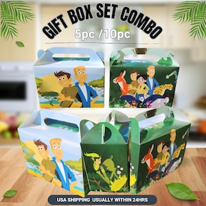 May include: A set of four colorful gift boxes with cartoon illustrations. The boxes feature images of people and animals in a natural setting. The text "GIFT BOX SET COMBO" and "5pc / 10pc" is printed on the top. The boxes are light blue and green.