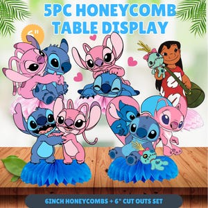 May include: A 5-piece honeycomb table display set featuring cartoon characters. The set includes blue and pink cutouts of the characters, with a 6-inch honeycomb base. The text on the image reads "5PC HONEYCOMB TABLE DISPLAY" and "6INCH HONEYCOMBS + 6" CUT OUTS SET."