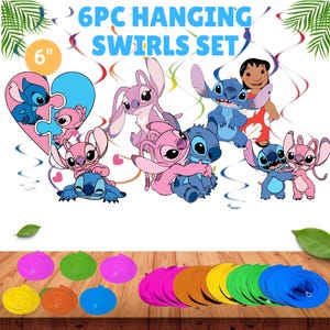 May include: A 6-piece hanging swirls set featuring characters from the animated film. The set includes blue, pink, and purple swirls, along with character cutouts. The text "6PC HANGING SWIRLS SET" is displayed at the top. The swirls are 6 inches in diameter.