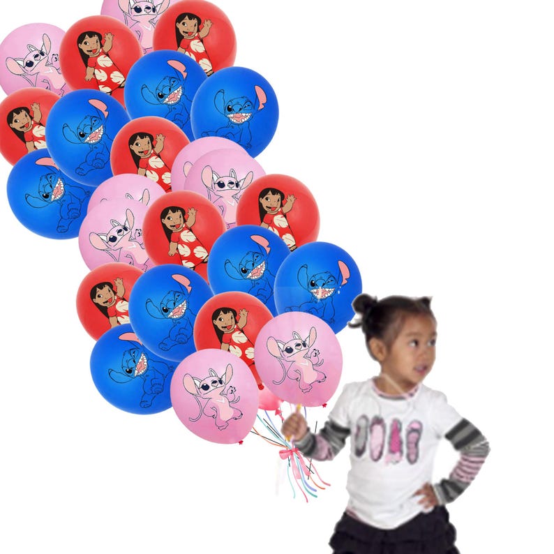 Puede incluir: Un conjunto de globos coloridos con los personajes de dibujos animados Stitch y Lilo. Los globos son en tonos azul, rojo y rosa. Una ni&ntilde;a peque&ntilde;a sostiene los globos. Perfecto para una fiesta de cumplea&ntilde;os o un evento tem&aacute;tico.