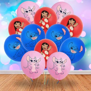 May include: A collection of colorful balloons featuring characters from the animated film Lilo & Stitch. The balloons are in various colors, including pink, red, and blue, with character illustrations. The balloons are arranged on a wooden surface.