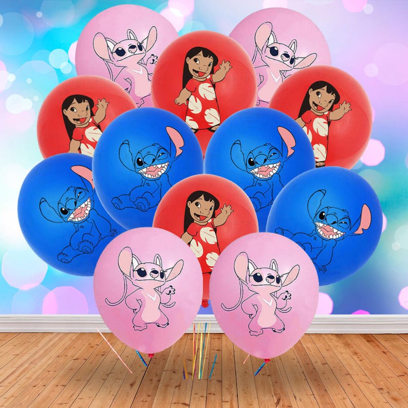 May include: A collection of colorful balloons featuring characters from the animated film Lilo & Stitch. The balloons are in various colors, including pink, red, and blue, with character illustrations. The balloons are arranged on a wooden surface.