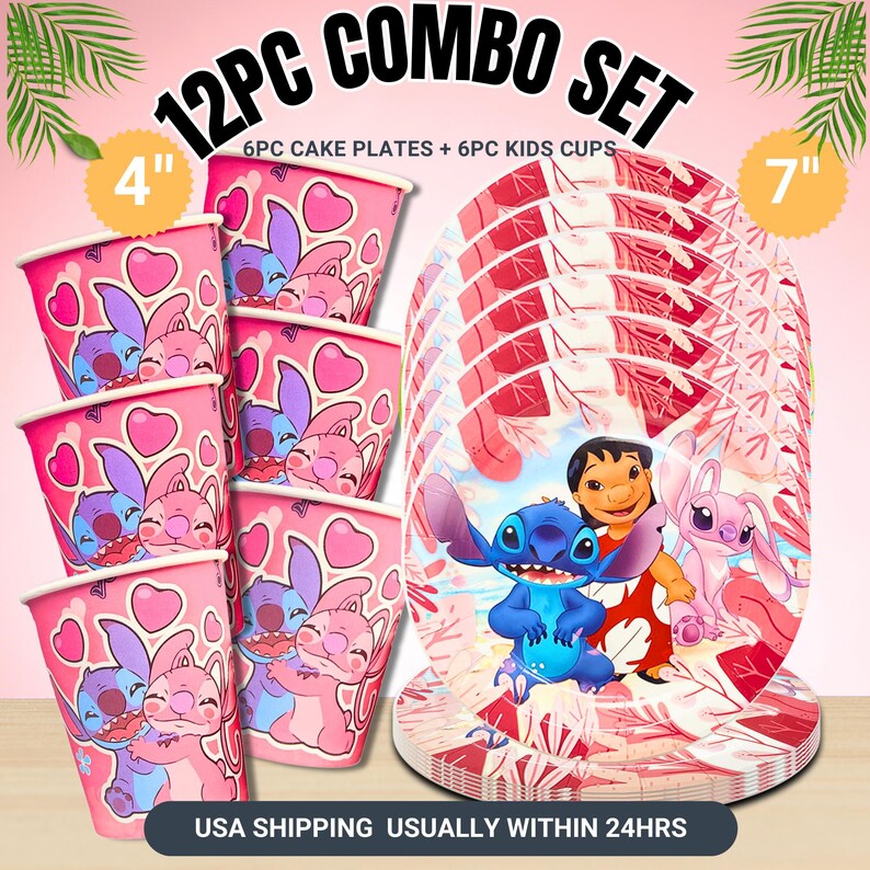 May include: A 12-piece combo set of party supplies featuring characters. Includes six 4-inch cups and six 7-inch plates. The cups and plates are pink with character designs. The set is designed for kids' parties.