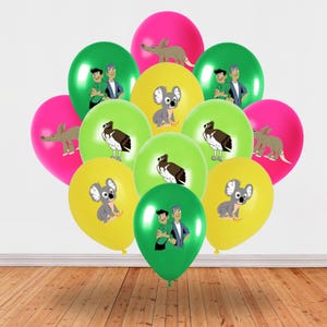 May include: A collection of colorful balloons in shades of pink, green, and yellow. Each balloon features a cartoon illustration of an animal or two people. The balloons are arranged against a white background.