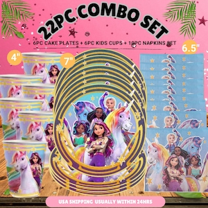 May include: A 22-piece combo set featuring unicorn-themed party supplies. The set includes 6 cake plates (7" diameter), 6 kids cups (4" tall), and 10 napkins (6.5" wide). The plates, cups, and napkins feature colorful unicorn and character designs.