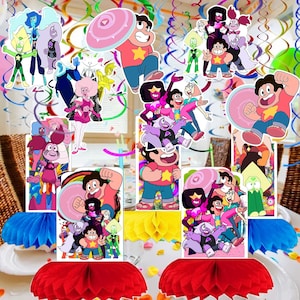 May include: A set of Steven Universe themed party decorations featuring cardboard cutouts of Steven, Garnet, Amethyst, Pearl, and other characters, paired with red and yellow paper honeycomb bases and colorful hanging spiral streamers.