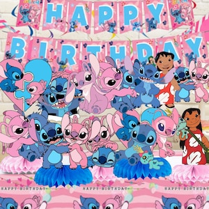 May include: A festive birthday party scene featuring Stitch and Angel characters. Pink and blue decorations include a banner that reads "Happy Birthday", honeycomb centerpieces, and character cutouts. The overall theme is a children's birthday party.