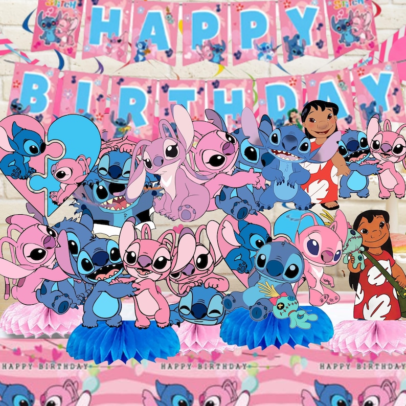 May include: A festive birthday party scene featuring Stitch and Angel characters. Pink and blue decorations include a banner that reads "Happy Birthday", honeycomb centerpieces, and character cutouts. The overall theme is a children's birthday party.