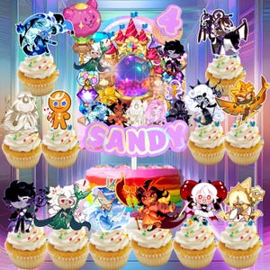 May include: A festive birthday cake and cupcakes with character toppers. The cake has a rainbow layer design and a topper that says "SANDY". The cupcakes are topped with white frosting and colorful sprinkles. The number 4 is also displayed.