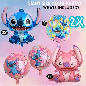 Puede incluir: Colecci&oacute;n de globos de aluminio coloridos con el personaje Stitch. Incluye un globo grande de Stitch azul (89 cm), un globo de Stitch rosa (71 cm) y dos globos redondos (46 cm) con dise&ntilde;os de Stitch. Texto: "Giant Size Your Party!"