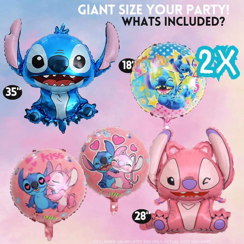 Puede incluir: Colecci&oacute;n de globos de aluminio coloridos con el personaje Stitch. Incluye un globo grande de Stitch azul (89 cm), un globo de Stitch rosa (71 cm) y dos globos redondos (46 cm) con dise&ntilde;os de Stitch. Texto: "Giant Size Your Party!"