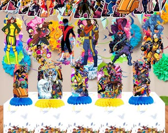 Mesa de nido de abeja de X-Men y remolinos colgantes para decoración de fiesta temática, centro de mesa, suministros de cumpleaños, idea para baby shower de niño y niña