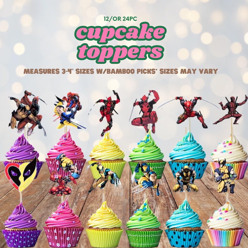 Puede incluir: Adornos para cupcakes con dise&ntilde;os de superh&eacute;roes sobre cupcakes con glaseado colorido. La imagen incluye texto que dice: "12/OR 24PC cupcake toppers MIDE 7.6-10.2 cm TAMA&Ntilde;OS CON PALILLOS DE BAMB&Uacute;' LOS TAMA&Ntilde;OS PUEDEN VARIAR."