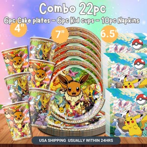 May include: A 22-piece party set featuring plates (7 inches), cups (4 inches), and napkins (6.5 inches) with a colorful cartoon design. The set includes 6 cake plates, 6 kid cups, and 10 napkins. The design features various cartoon characters.
