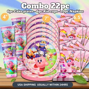 May include: A 22-piece party set featuring pink plates (7" diameter), cups (4" tall), and napkins (6.5" square) with a cartoon character theme. The set includes cake plates, kid cups, and napkins. The text "Combo 22pc" is visible.