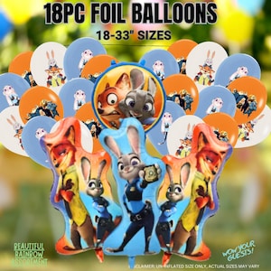 May include: A set of 18 foil balloons with characters from an animated film. The balloons are in various shapes and sizes, ranging from 45.7 to 83.8 cm, and feature blue, orange, and white colours. Text on the balloons reads "18PC FOIL BALLOONS".