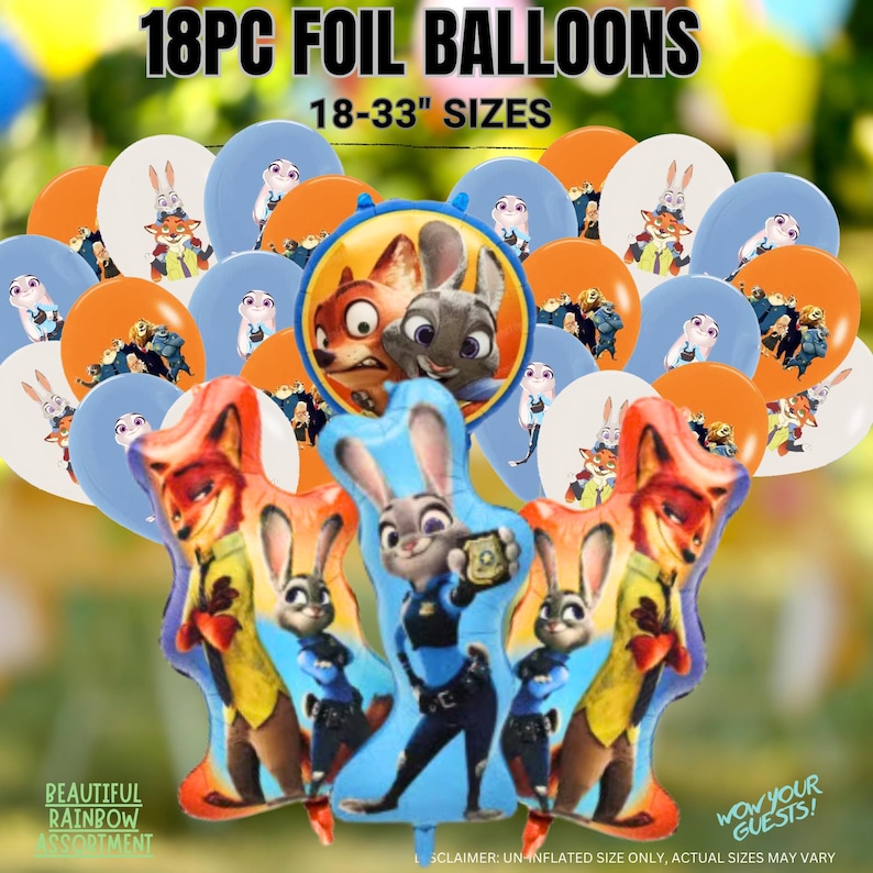 May include: A set of 18 foil balloons with characters from an animated film. The balloons are in various shapes and sizes, ranging from 45.7 to 83.8 cm, and feature blue, orange, and white colours. Text on the balloons reads "18PC FOIL BALLOONS".