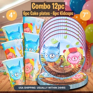 May include: A combo set of 12 pieces, including six 7-inch cake plates and six 4-inch kid cups. The plates and cups feature cartoon characters in a forest scene. The text "Combo 12pc" is displayed at the top.